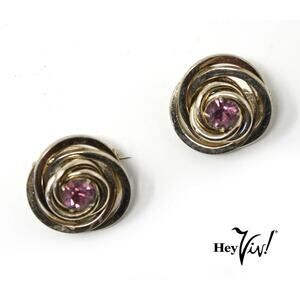 Vintage Coro Signed Pins Matching Pair Swirl w Rhinestone Center 1" - Hey Viv